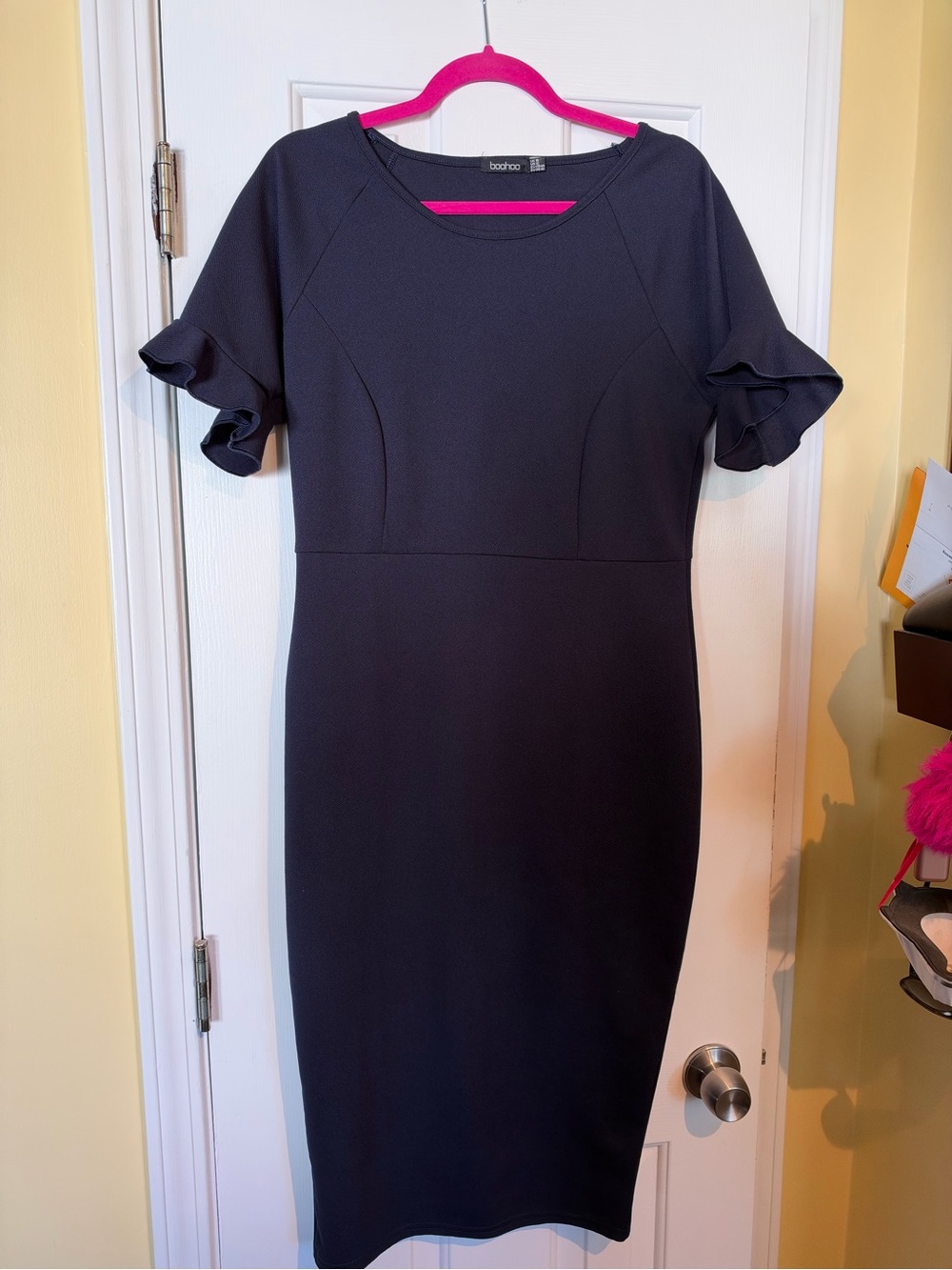 Boohoo Navy Ruffle Sleeve Midi Dress